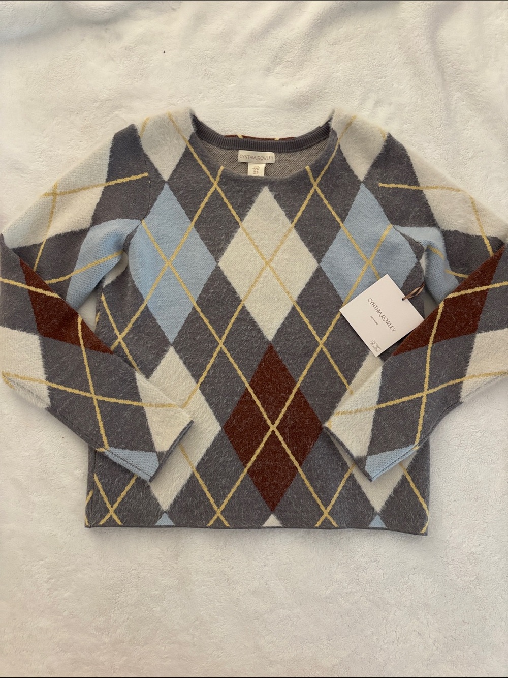 Cynthia Rowley Argyle Cashmere Sweater in Blue, Gray, Brown, Yellow